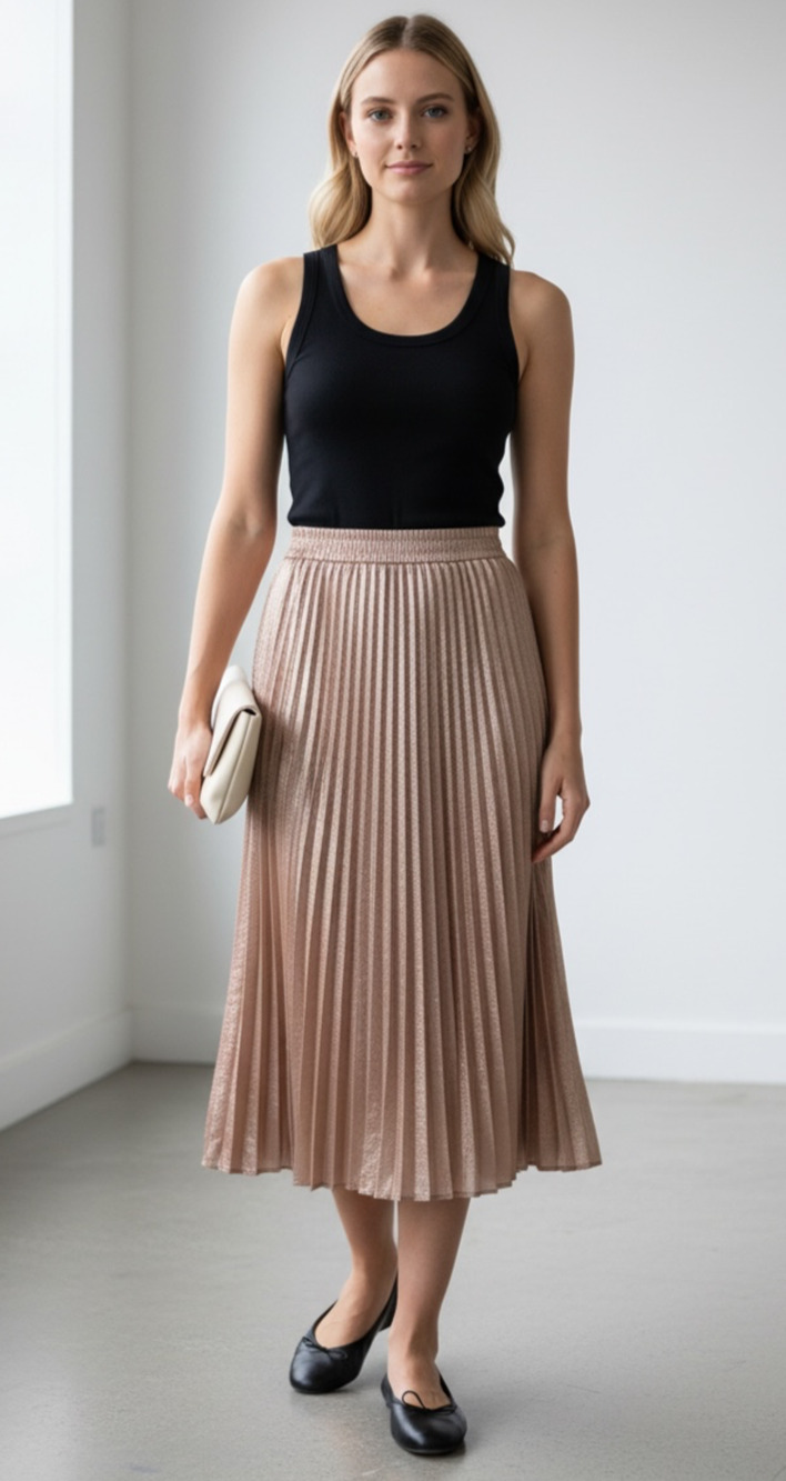 Tennessee Honey Rose Gold Metallic Pleated Midi Skirt Size Small Shimmer Pull-On